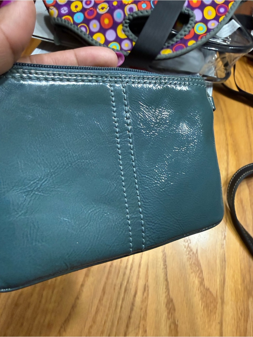 Coach Teal Blue Tattersall Patented Leather Horse & Carriage Wrislet - Picture 5 of 9